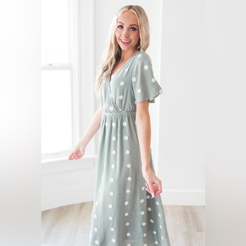 bohme Sage Green Maxi Dress with White Polka Dots
